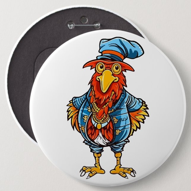 Lustiger herrischer Cartoon-Hahn Button (Vorne & Hinten)