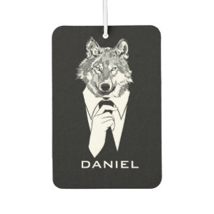 Lustiger Hipster-Wolf mit schwarzem Smoking person Autolufterfrischer