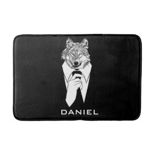 Lustiger Hipster-Wolf mit schwarzem Smoking person Badematte