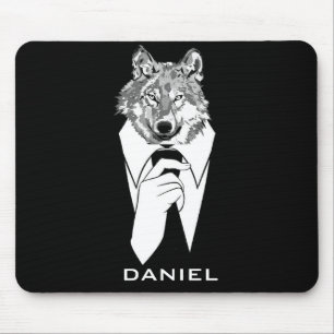 Lustiger Hipster-Wolf mit schwarzem Smoking person Mousepad