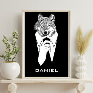 Lustiger Hipster-Wolf mit schwarzem Smoking person Poster