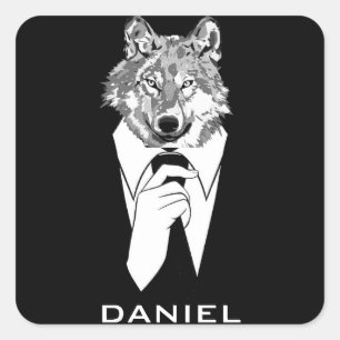 Lustiger Hipster-Wolf mit schwarzem Smoking person Quadratischer Aufkleber