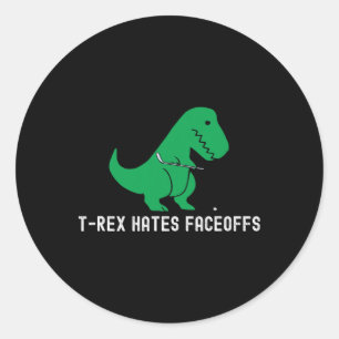 Lustiger Hockey-Dinosaurier T-Rex hasst Faceoffs L Runder Aufkleber