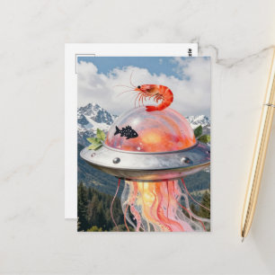 Lustiger Hummer-Fisch-Surrealer Quallen-UFO-Collag Postkarte