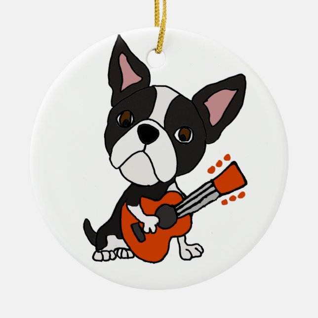 Lustiger Hund Bostons Terrier, der Gitarren-Kunst Keramikornament (Vorne)