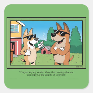 Lustiger Hund, der einen Menschen besitzt Cartoon- Quadratischer Aufkleber