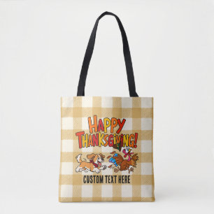 Lustiger Hund jagt Truthahn Karo Frohes Erntedankf Tasche
