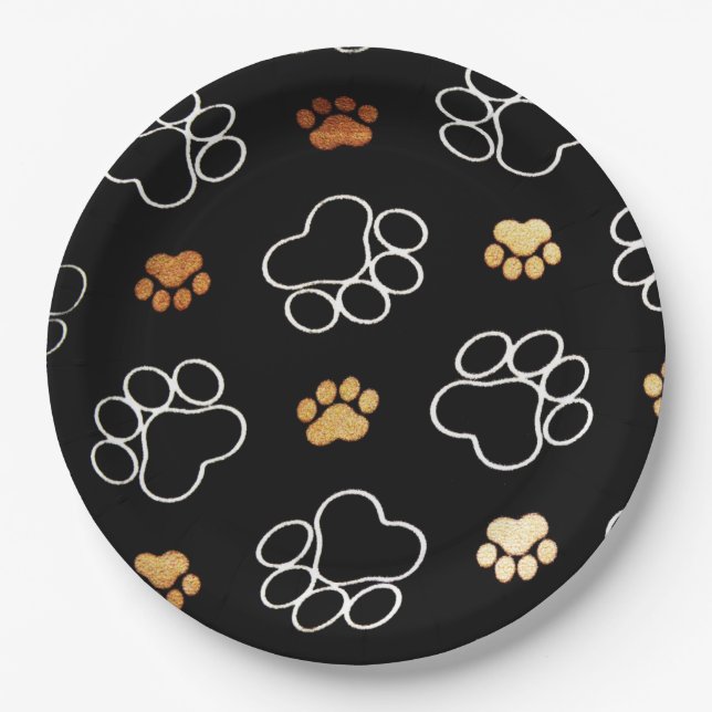 Lustiger Hund PawPrints auf Schwarzem, Pappteller (Vorderseite)