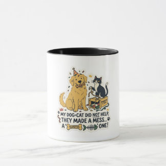 Lustiger Hund und Katze haben eine Zwei-Töne-Kaffe Tasse