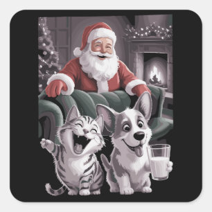 Lustiger Hund und Katzenselfie mit Weihnachtsmann  Quadratischer Aufkleber