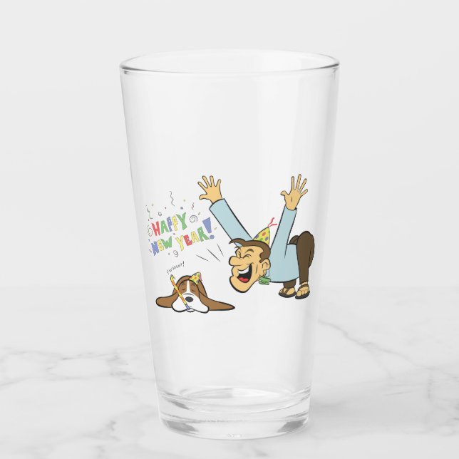 Lustiger Hund und Mann feiern neue Jahr-Cartoon Glas (Vorderseite)