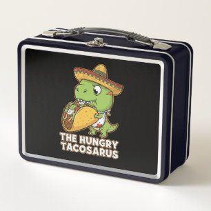 Lustiger hungriger Tacosaurus T-Rex Dinosaur frißt Metall Brotdose