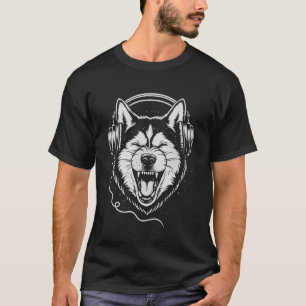 Lustiger Husky mit Kopfhörern DJ Musik Hunde Liebh T-Shirt