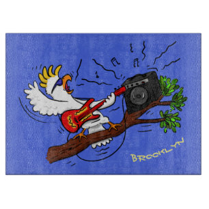 Lustiger Kakadu spielt Rock-Gitarre Cartoon Schneidebrett