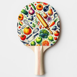 Lustiger Koch, der ein Ping-Pong-Paddle kocht. Tischtennis Schläger