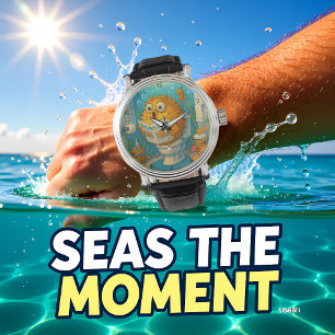 Lustiger Kugelfisch beim Lesen in einem aquatische Armbanduhr