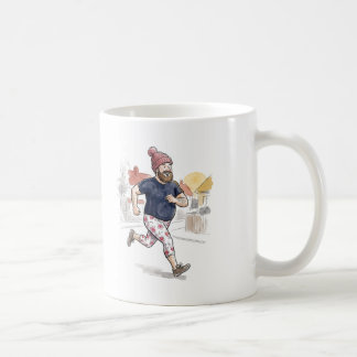 Lustiger Läufer Ehemann zog sich im Dunkeln an Kaffeetasse