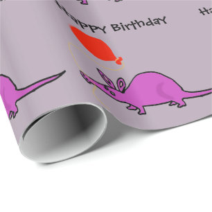 Lustiger lila Aardvark mit orange Ballon Geschenkpapier