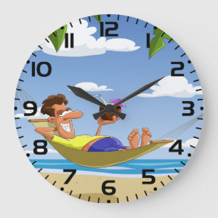 Lustiger Mann entspannt sich in der Strand-Hängema Große Wanduhr