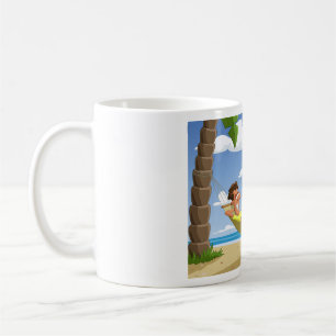 Lustiger Mann entspannt sich in der Strand-Hängema Kaffeetasse