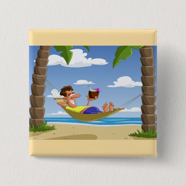 Lustiger Mann entspannt sich in der Strandhängemat Button (Vorderseite)