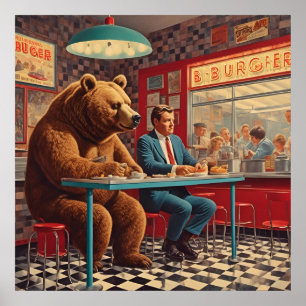 Lustiger Mann und Bär im Retro-Diner Poster