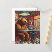 Lustiger Mann und Bär im Retro-Diner