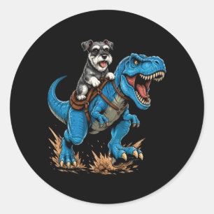 Lustiger Miniaturschnauzer reitet T-Rex-Dinosaurie Runder Aufkleber