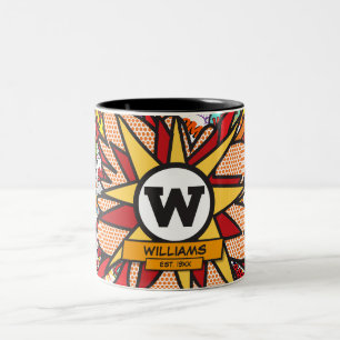 Lustiger moderner Familienname Monogramm Comic-Boo Zweifarbige Tasse