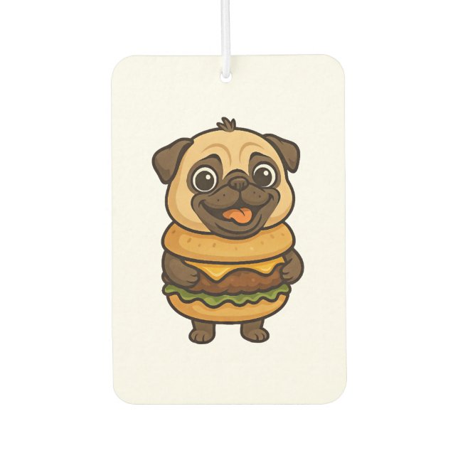 Lustiger Mops mit Hamburger Cheeseburger mythisch  Autolufterfrischer (Vorderseite)