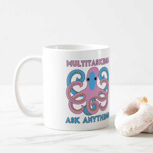 Lustiger Multi Tasking Frag Alles Oktopus Kaffeetasse (Mit Donut)