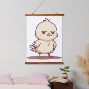 Lustiger mürrischer Baby-Vogel Kawaii Cartoon Wandteppich Mit Holzrahmen
