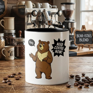 Lustiger mürrischer Bär braucht Kaffee Zweifarbige Tasse