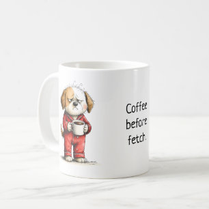 Lustiger mürrischer Hund - Kaffee vor dem Holen Kaffeetasse