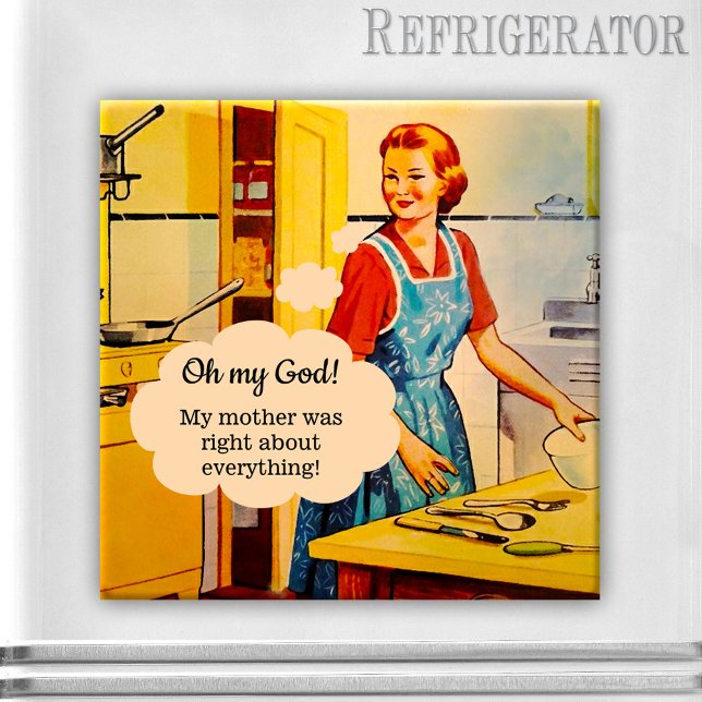 Lustiger Muttertags Vintage Magnet (Funny magnet featuring a vintage illustration of a woman in a kitchen)