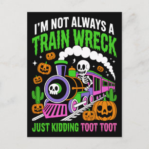 Lustiger Neon-Zugwrack-Skelett Halloween-Wortspiel Postkarte
