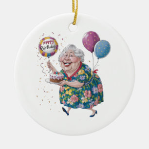 Lustiger Oma Geburtstagskuchen und Ballon Keramik Ornament