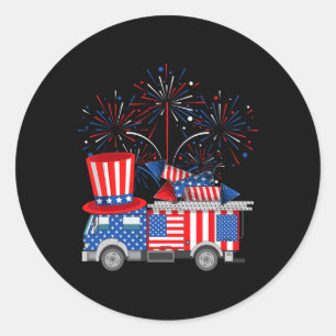 Lustiger Onkel Sam Feuerwehrauto und Feuerwerk USA Runder Aufkleber