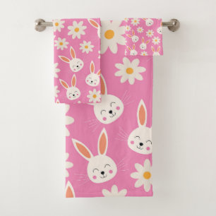 Lustiger Osterhase mit weißen Blumen auf Rosa  Badhandtuch Set
