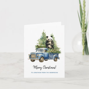 Lustiger Panda in blauem Vintage-Van Xmas Karte
