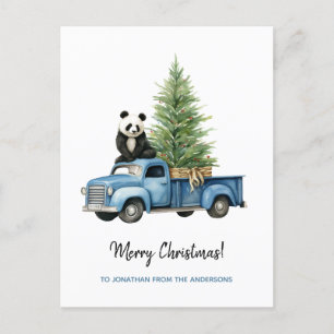 Lustiger Panda in einem blauen Vintage-LKW Weihnac Feiertagspostkarte