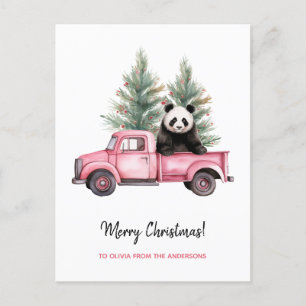 Lustiger Panda in rosa Vintage-LKW Weihnachten