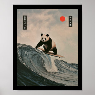 Lustiger Panda-Surfing-Spruch Japanische Welle Mem Poster