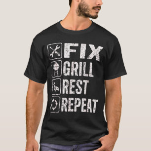 Lustiger Papa repariert Grill, ruht sich aus, wied T-Shirt