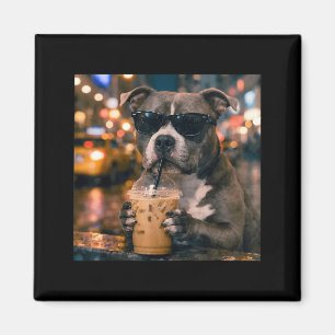Lustiger Pitbull, der eisgekühlten Kaffee trinkt, Magnet
