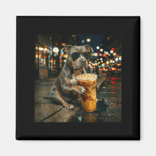 Lustiger Pitbull, der eisgekühlten Kaffee trinkt, Magnet