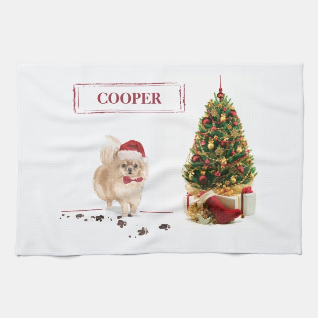 Lustiger Pomeranian-Weihnachtshund mit Baum Geschirrtuch (Horizontal)