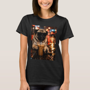 Lustiger Pug, der eisgekühlten Kaffee trinkt, für T-Shirt