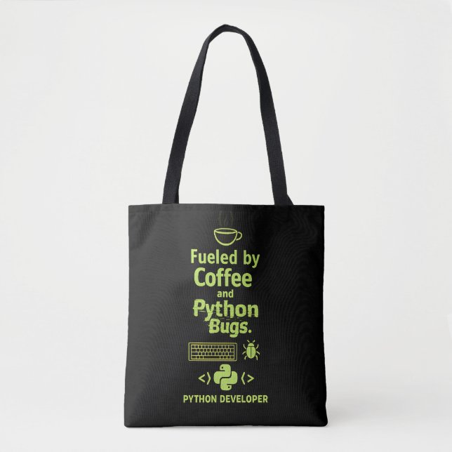 Lustiger Python-Entwickler – Angetrieben von Coffe Tasche (Vorderseite)