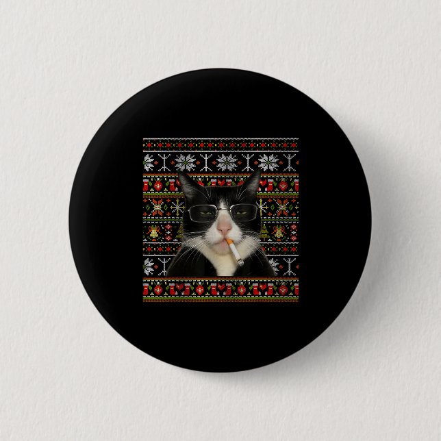 Lustiger rauchender Katzen-Meme-Weihnachts-Hässlic Button (Vorderseite)